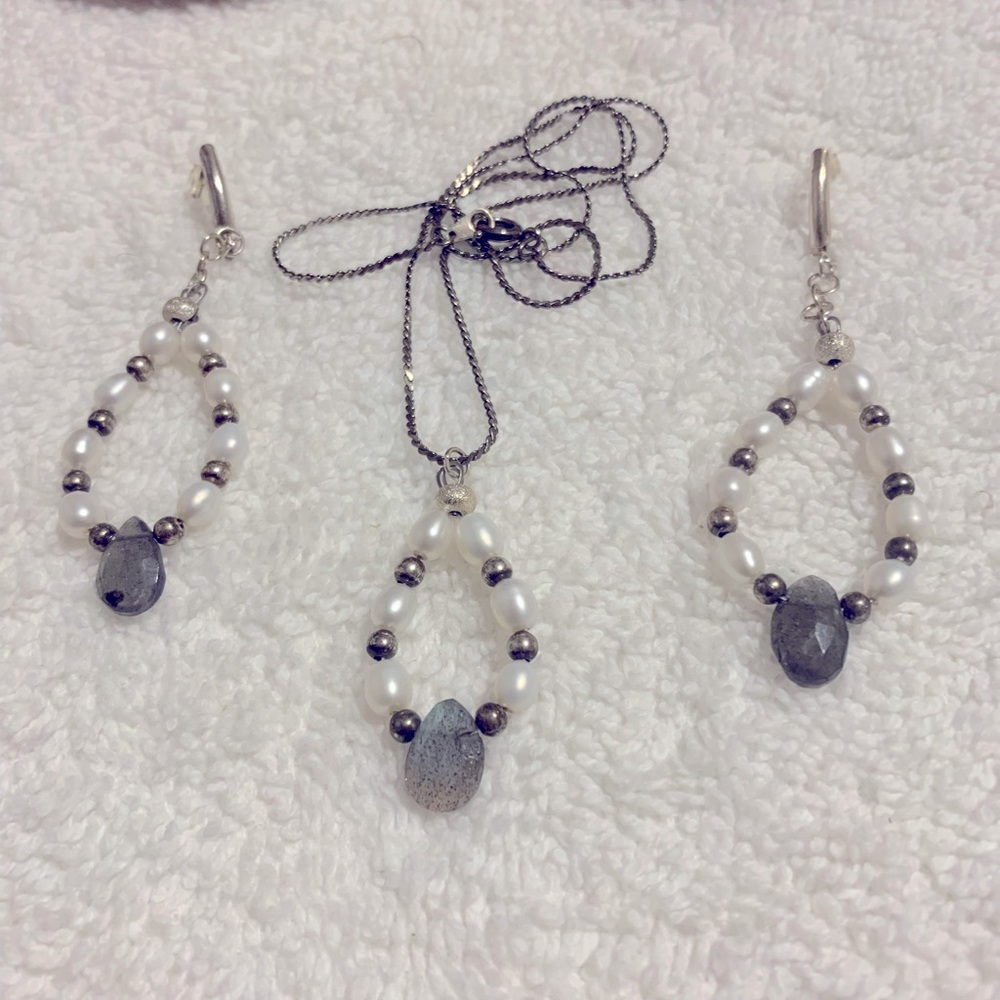 Labradorite Pearl Drop SS Earrings/Pendant Set